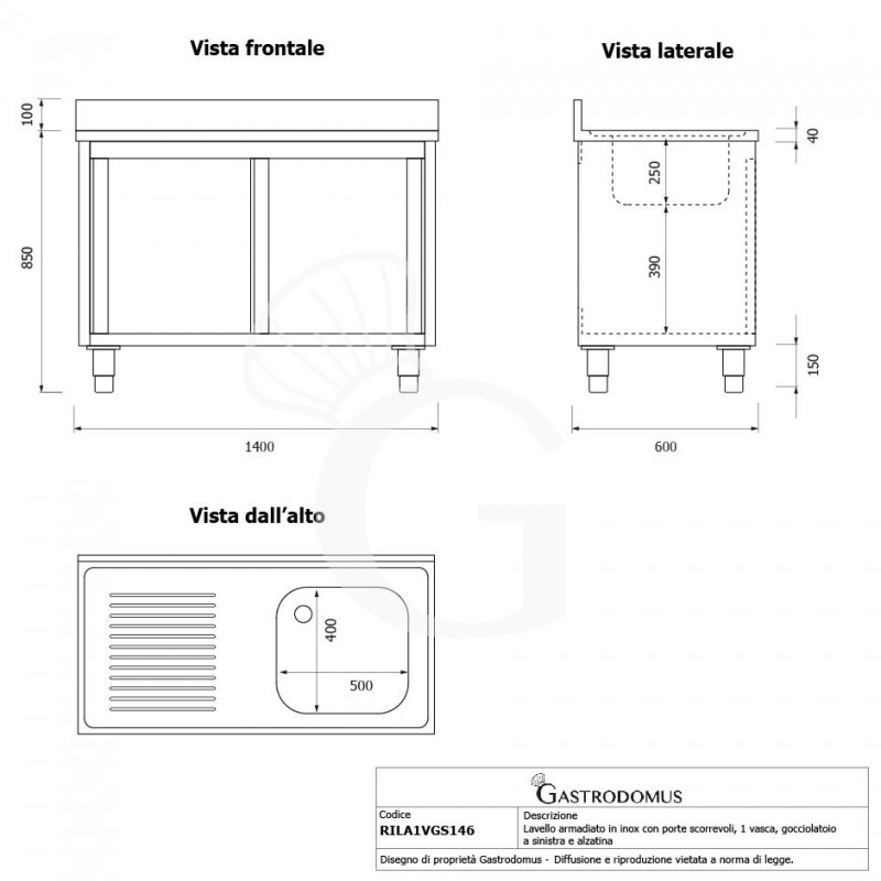 Fregadero con mueble inox 2 puertas correderas, 1 cubeta, escurridor a la izquierda y peto L1400mmxP600mmxA950mm