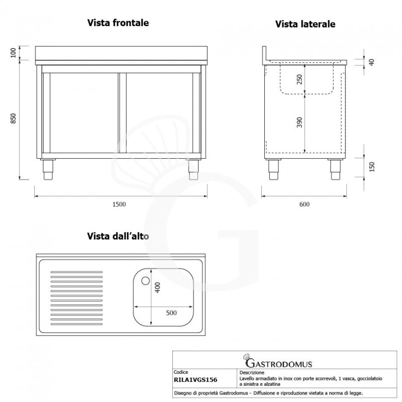 Fregadero con mueble inox 2 puertas correderas, 1 cubeta, escurridor a la izquierda y peto L1500mmxP600mmxA950mm