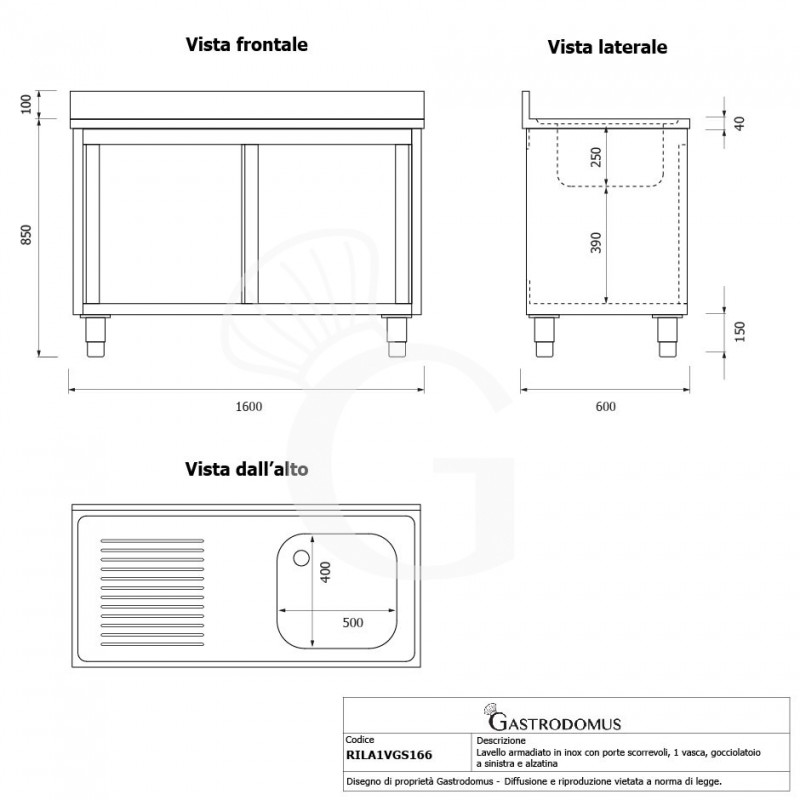 Fregadero con mueble inox con 2 puertas correderas, 1 cubeta, escurridor a la izquierda y peto L1600mmxP600mmxA950 mm