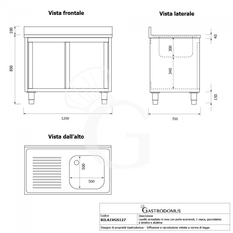 Fregadero con mueble inox con 2 puertas correderas, 1 cubeta, escurridor a la izquierda y peto L 1200 mm x P 700 mm x A 950 mm