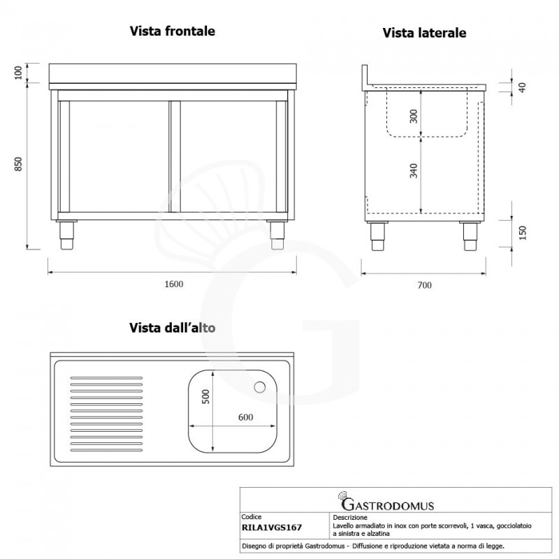 Fregadero con mueble inox con 2 puertas correderas, 1 cubeta, escurridor a la izquierda y peto L 1600 mm x P 700 mm x A 950 mm