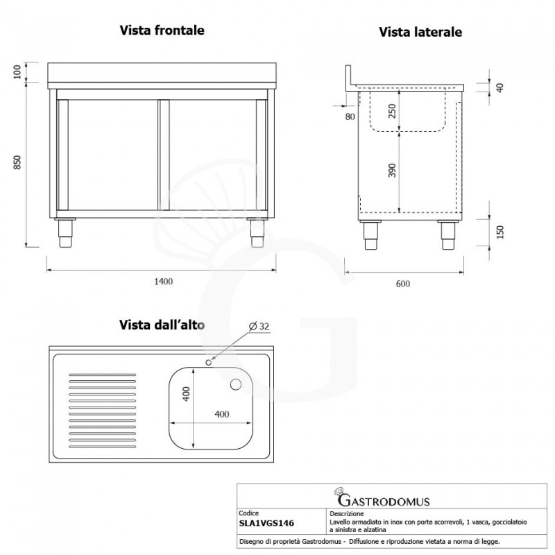 Fregadero con mueble 2 puertas correderas, cubeta, escurridor a la izquierda y peto L1400mmxP600mmxA965mm agujero grifo Ø 32mm
