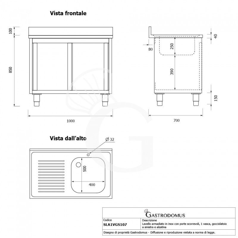 Fregadero con mueble 2 puertas correderas, cubeta, escurridor a la izquierda y peto L1000mmxP700mmxA965mm agujero grifo Ø32mm