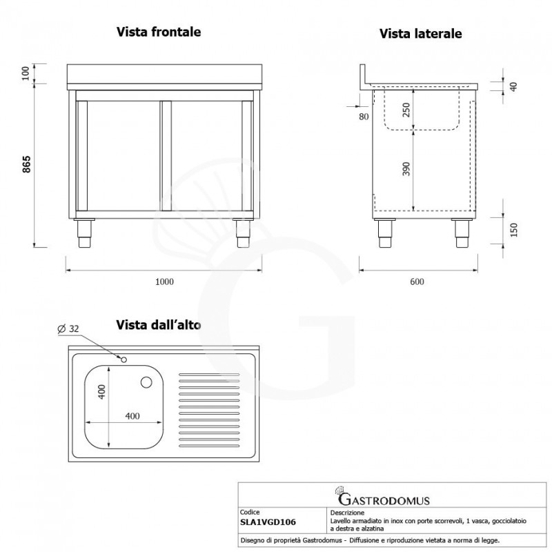 Fregadero con mueble 2 puertas correderas, cubeta, escurridor a la derecha y peto L1000mmxP600mmxA965mm con agujero grifo Ø 32mm