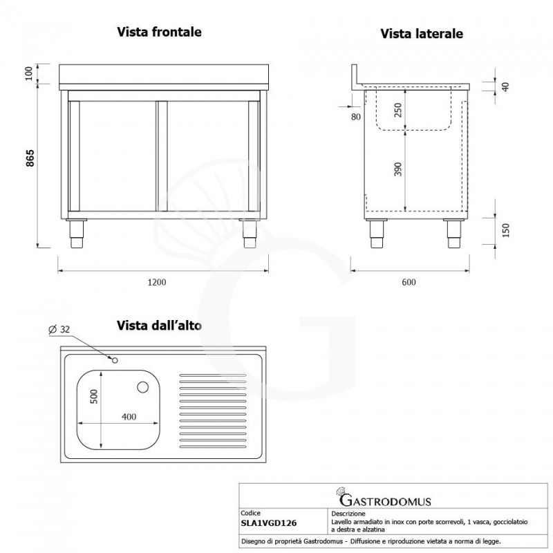 Fregadero con mueble 2 puertas correderas, cubeta, escurridor a la derecha y peto L1200mmxP600mmxA965mm agujero grifo Ø 32mm