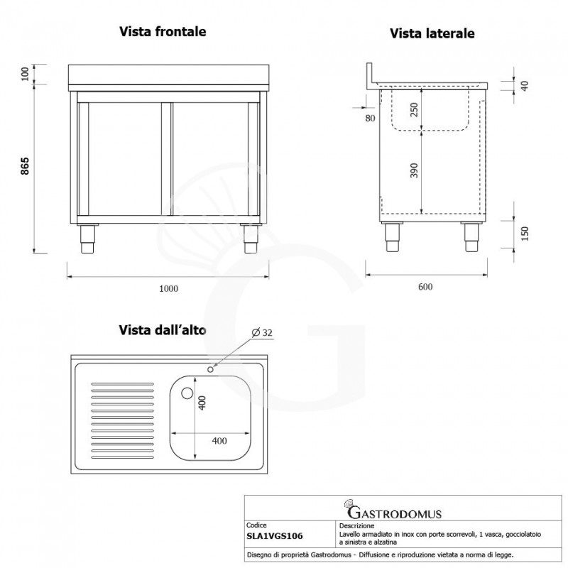 Fregadero con mueble 2 puertas correderas, cubeta, escurridor a la izquierda y peto L1000mmxP600mmxA965mm agujero grifo Ø32mm