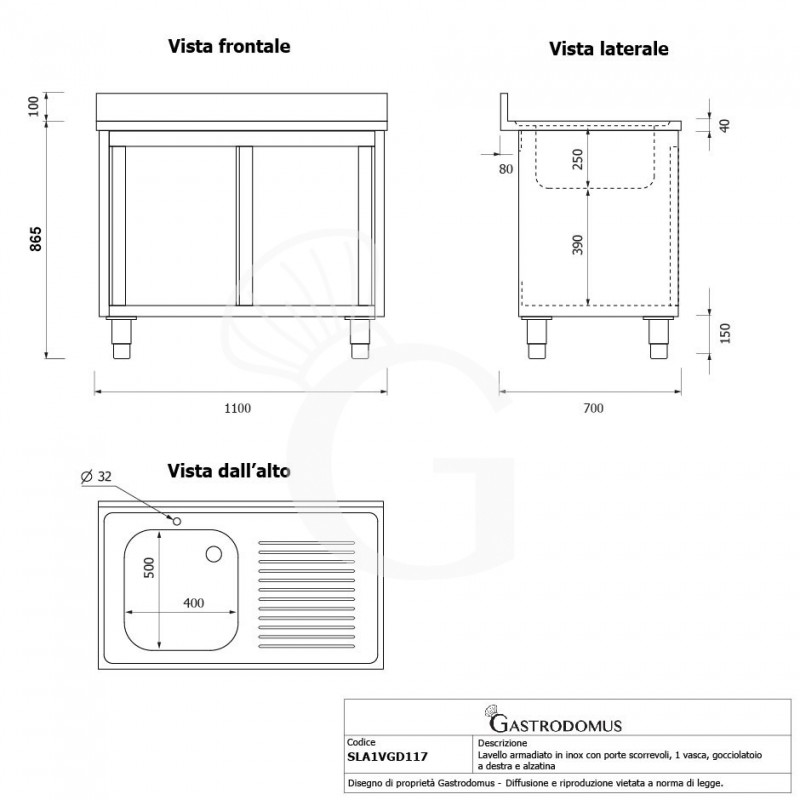 Fregadero con mueble 2 puertas correderas, cubeta, escurridor a la derecha y peto L1100mmxP700mmxA965mm agujero grifo Ø32mm