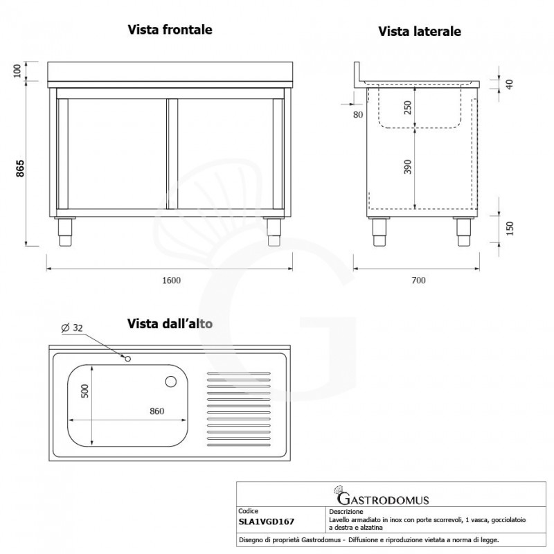 Fregadero con mueble 2 puertas correderas, cubeta, escurridor a la derecha y peto L1600mmxP700mmxA965mm agujero grifo Ø32mm