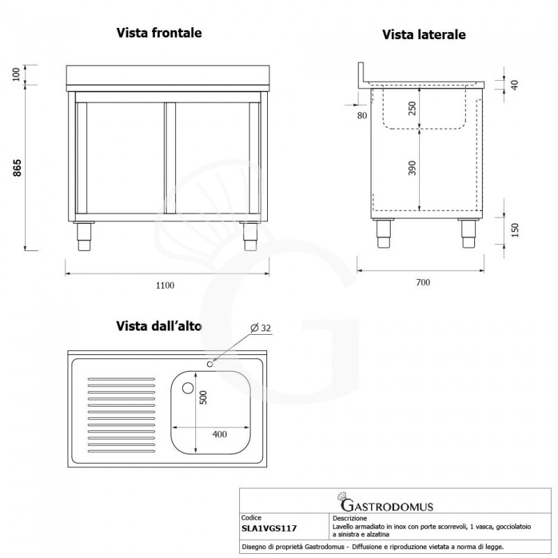 Fregadero con mueble 2 puertas correderas, cubeta, escurridor a la izquierda y peto L1100mmxP700mmxA965mm agujero grifo Ø32mm