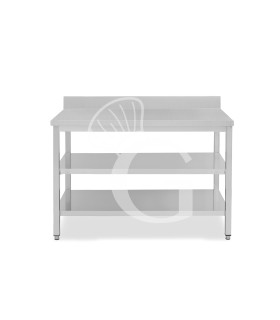 Mesa de acero inoxidable con 2 estantes y peto L 1400 mm x P 600 mm x A 950 mm