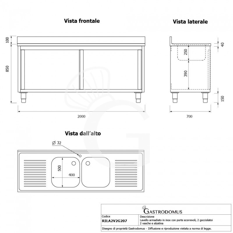 Fregadero con mueble de acero inoxidable con 2 puertas correderas, 2 cubetas, 2 escurridores y peto L2000mmxP700mmxA950mm