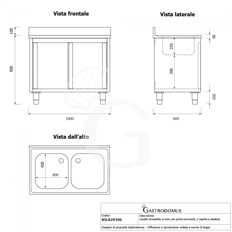 Fregadero con mueble inox 2 puertas correderas, peto, 2 cubetas L 1000 mm x P 600 mm x A 950 mm