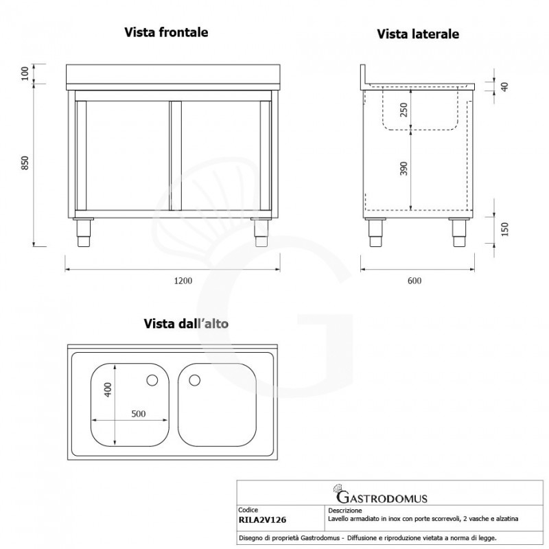 Fregadero con mueble inox 2 puertas correderas, peto, 2 cubetas L 1200 mm x P 600 mm x A 950 mm