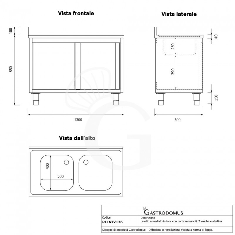 Fregadero con mueble inox 2 puertas correderas, peto, 2 cubetas L 1300 mm x P 600 mm x A 950 mm