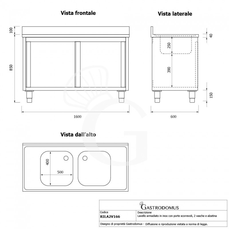 Fregadero con mueble inox con 2 puertas correderas, 2 cubetas y peto L 1600 mm x P 600 mm x A 950 mm