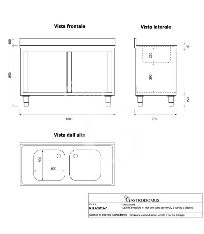 Fregadero con mueble inox 2 puertas correderas, peto, 2 cubetas L 1600 mm x P 700 mm x A 950 mm