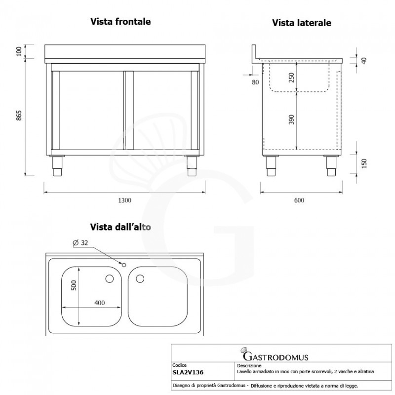 Fregadero con mueble inox con 2 puertas correderas, 2 cubetas y peto L1300mmxP600mmxA965mm con agujero para grifo Ø 32 mm