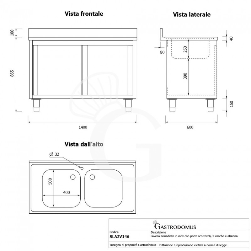 Fregadero con mueble inox con 2 puertas correderas, 2 cubetas y peto L1400mmxP600mmxA965mm con agujero para grifo Ø 32 mm