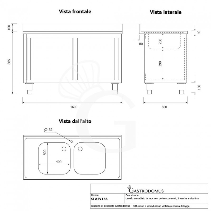 Fregadero con mueble de acero inox, 2 puertas, peto, 2 cubetas L1600xP600xA965mm-agujero para grifo de Ø32mm