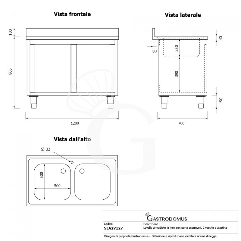 Fregadero con mueble de acero inox, 2 puertas, peto, 2 cubetas L1200xP700xA965mm-agujero para grifo de Ø32mm