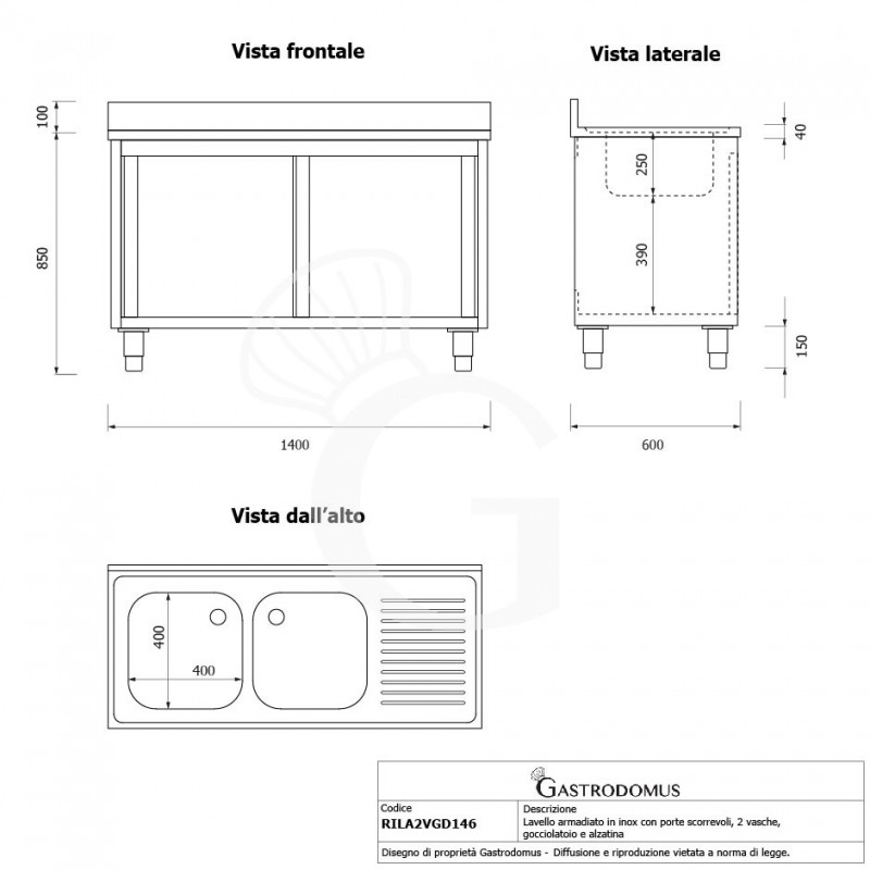 Fregadero con mueble inox 2 puertas correderas, 2 cubetas, escurridor a la derecha y peto L1400xP600xA950