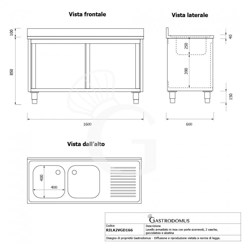 Fregadero con mueble inox con 2 puertas correderas, 2 cubetas, escurridor a la derecha y peto L1600xP600xA950