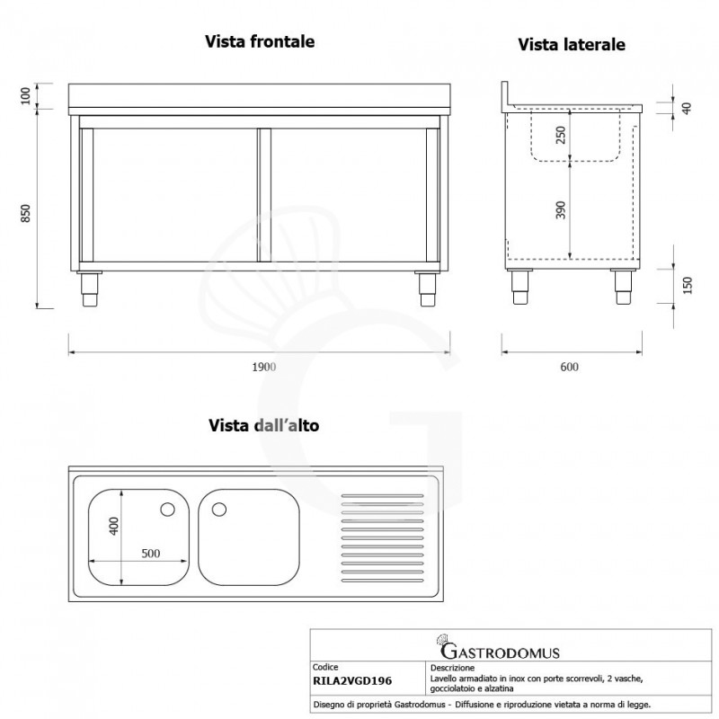 Fregadero con mueble inox 2 puertas correderas, 2 cubetas, escurridor a la derecha y peto L1800xP600xA950