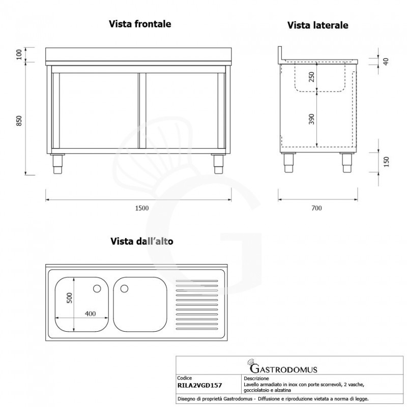 Fregadero con mueble inox con 2 puertas correderas, 2 cubetas, escurridor a la derecha y peto L 1500 mm x P 700 mm x A 950 mm