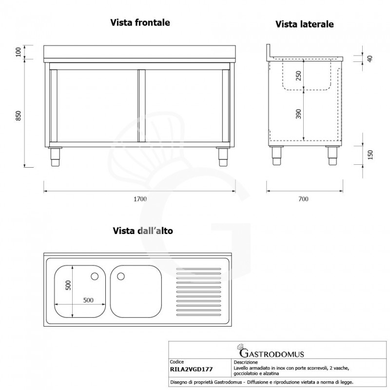Fregadero con mueble inox con 2 puertas correderas, 2 cubetas, escurridor a la derecha y peto L 1700 mm x P 700 mm x A 950 mm