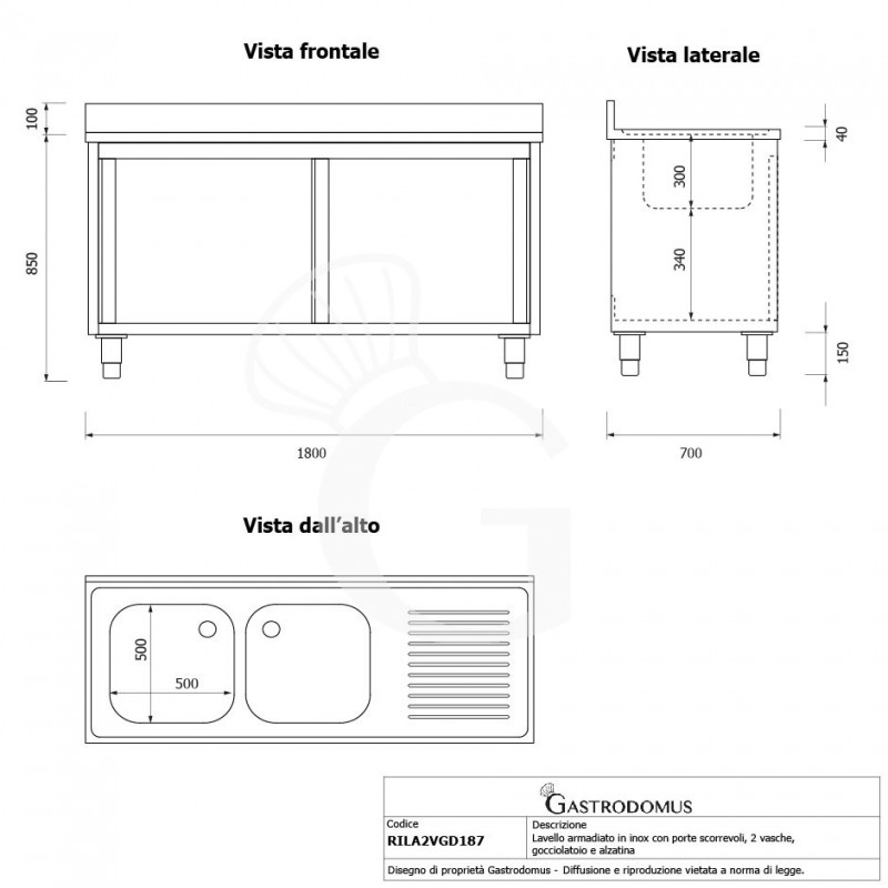 Fregadero con mueble inox con 2 puertas correderas, 2 cubetas, escurridor a la derecha y peto L 1800 mm x P 700 mm x A 950 mm