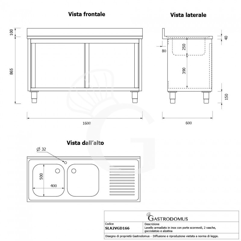 Fregadero con mueble 2 puertas correderas, 2 cubetas, escurridor a la derecha y peto L1600xP600xA965mm agujero grifo Ø32mm