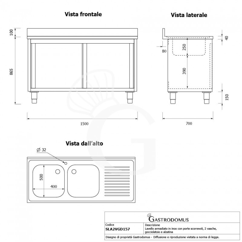 Fregadero con mueble de acero inox, 2 puertas, 2 cubetas,escurridor a la derecha L1500xP700xA965-agujero para el grifo Ø32mm