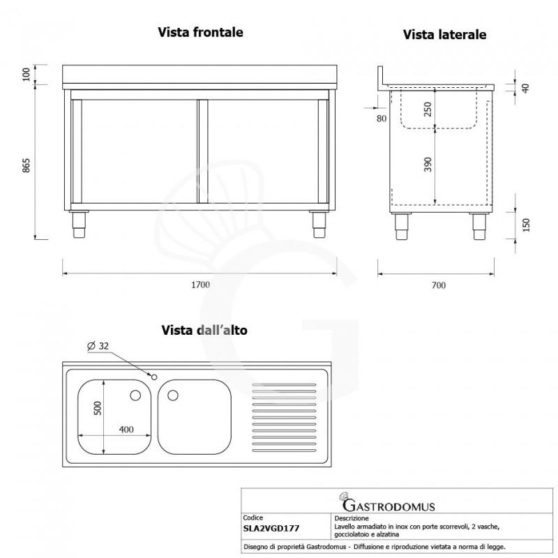 Fregadero con mueble de acero inox, 2 puertas, 2 cubetas,escurridor a la derecha L1700xP700xA965-agujero para el grifo Ø32mm