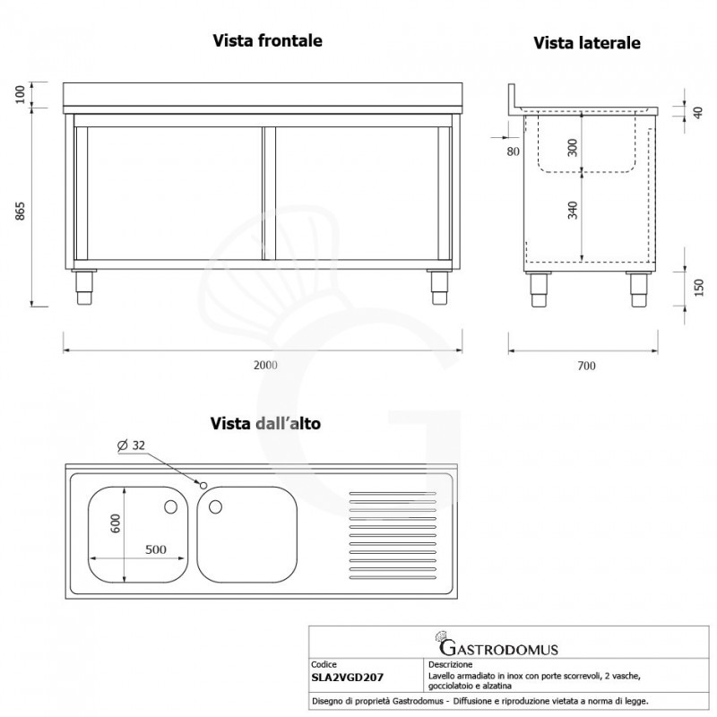 Fregadero con mueble de acero inox, 2 puertas, 2 cubetas,escurridor a la derecha L2000xP700xA965-agujero para el grifo Ø32mm