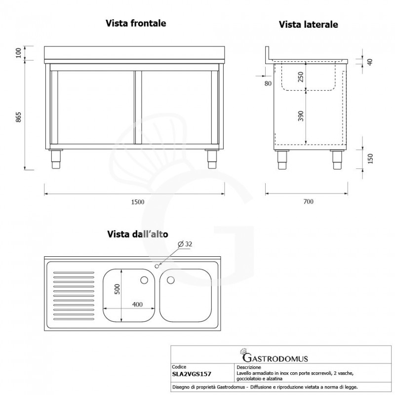 Fregadero con mueble de acero inox, 2 puertas, 2 cubetas, escurridor a la izquierda L1500xP700xA965-agujero para el grifo Ø32mm