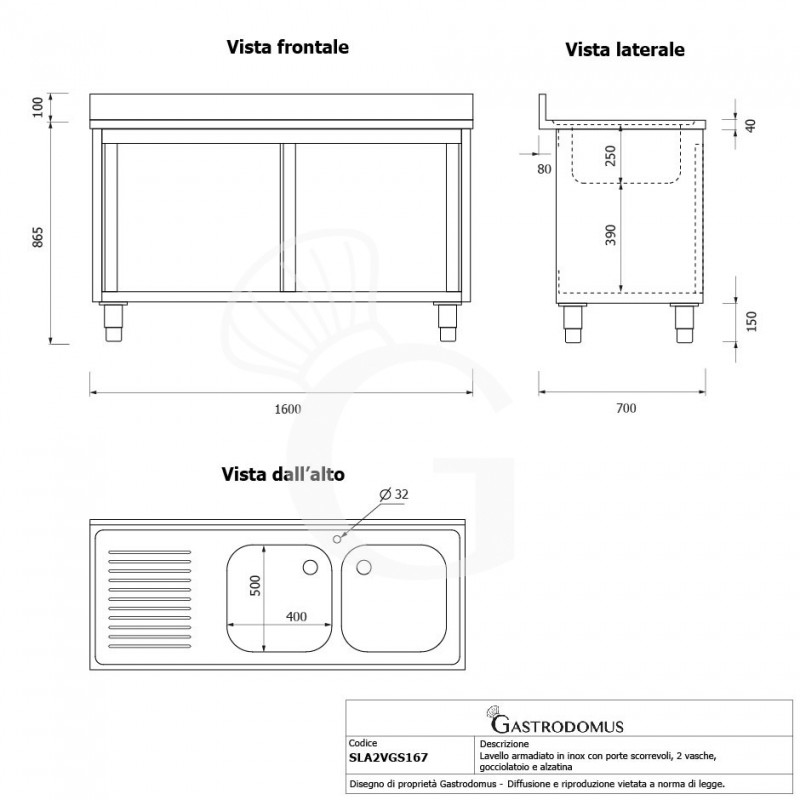 Fregadero con mueble 2 puertas correderas, 2 cubetas, escurridor a la izquierda y peto L1600mmxP700mmxA965mm agujero grifo Ø32mm
