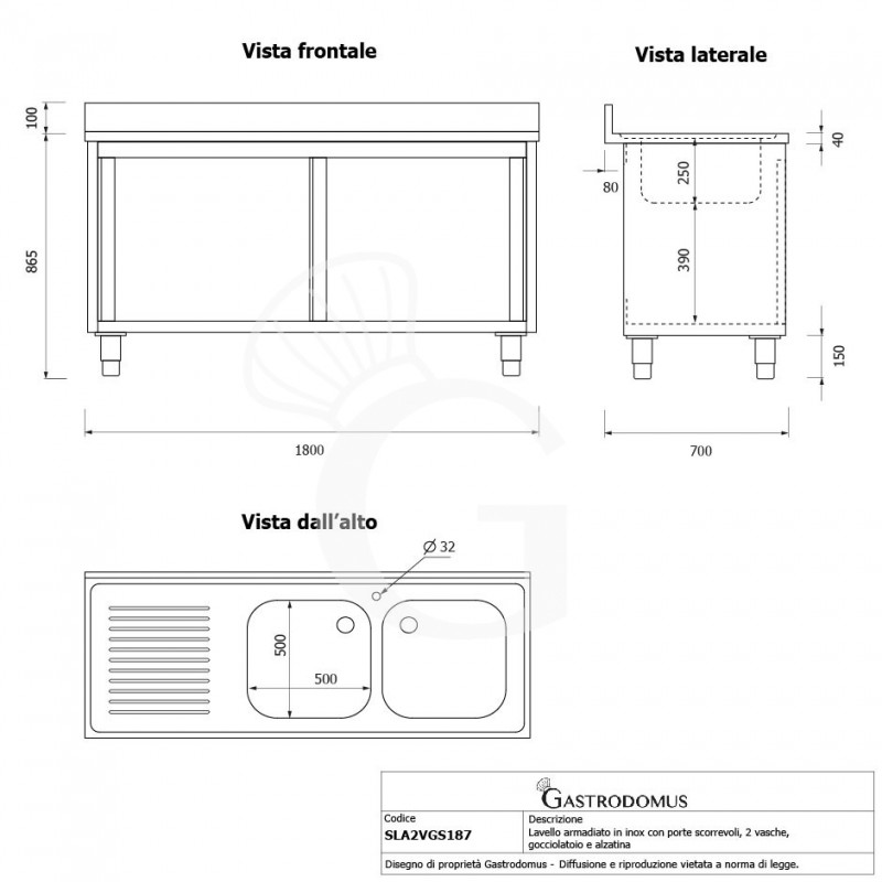 Fregadero con mueble 2 puertas correderas, 2 cubetas, escurridor a la izquierda y peto L1800mmxP700mmxA965mm agujero grifo Ø32mm