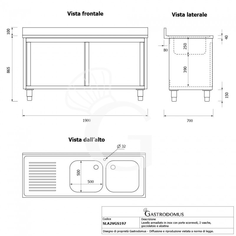 Fregadero con mueble de acero inox, 2 puertas, 2 cubetas, escurridor a la izquierda L1900xP700xA965-agujero para el grifo Ø32mm