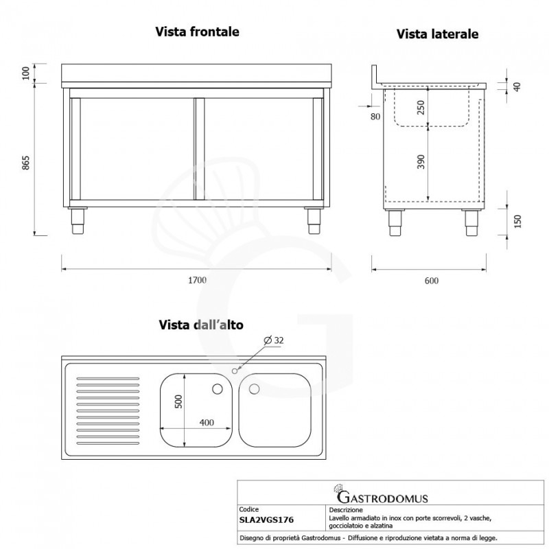 Fregadero con mueble de acero inox, 2 puertas, 2 cubetas, escurridor a la izquierda L1700xP600xA965-agujero para el grifo Ø32mm