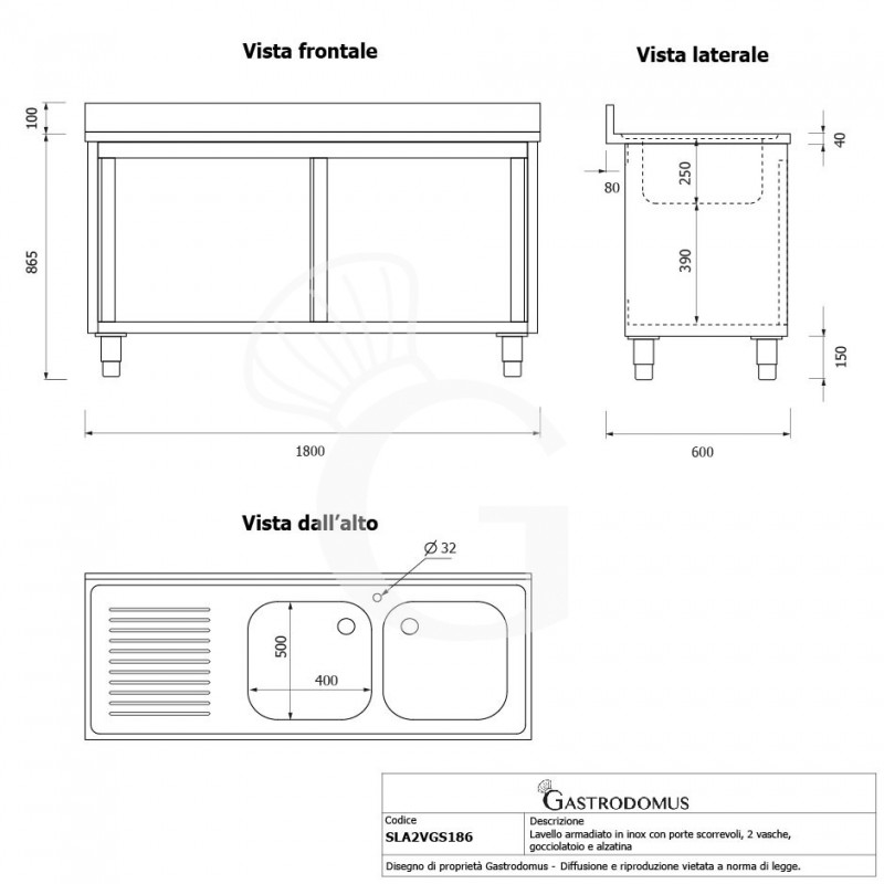 Fregadero con mueble de acero inox, 2 puertas, 2 cubetas, escurridor a la izquierda L1800xP600xA965-agujero para el grifo Ø32mm