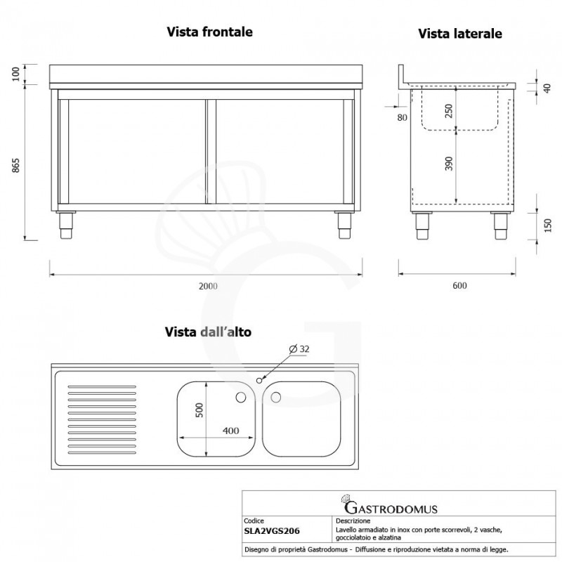 Fregadero con mueble 2 puertas correderas, 2 cubetas, escurridor a la izquierda y peto L2000mmxP600mmxA965mm agujero grifo Ø32mm