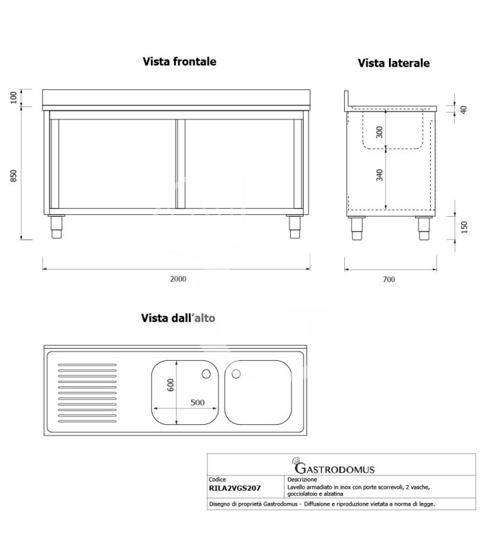 Fregadero con mueble inox con 2 puertas correderas, 2 cubetas, escurridor a la izquierda y peto L 2000 mm x P 700 mm x A 950 mm