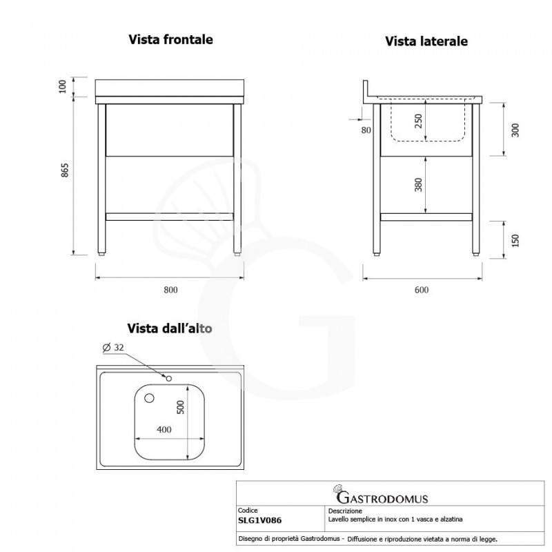 Fregadero de acero inoxidable con 1 estante, peto, 1 cubeta L 800 mm x P 600 mm x A 965 mm- con agujero para el grifo Ø 32 mm