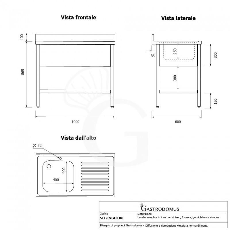 Fregadero 1 cubeta y escurridor a la derecha, estante, peto L 1000 mm x P 600 mm x A 965 mm- con agujero para el grifo Ø 32 mm