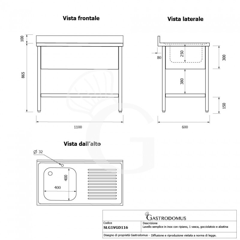 Fregadero inox 1 cuba, escurridor a la derecha, 1 estante, peto, L1100mmxP600mmxA965mm-agujero para el grifo Ø 32 mm