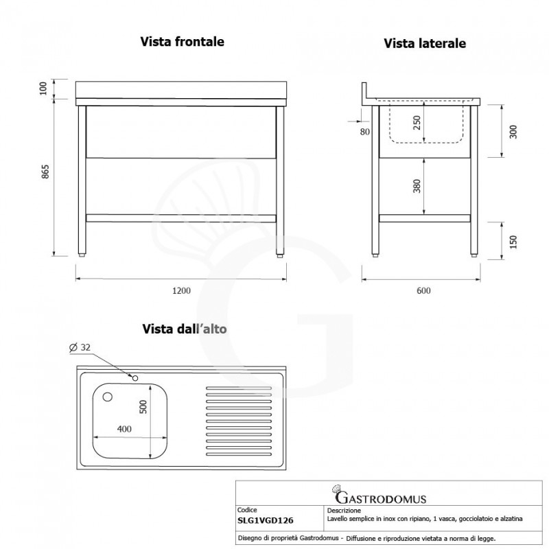 Fregadero 1 cubeta y escurridor a la derecha, estante y peto trasero L1200mmxP600 mmxA965 mm- con agujero para el grifo Ø 32 mm