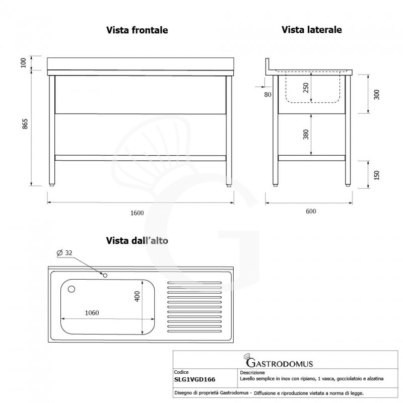 Fregadero inox 1 cuba, escurridor a la derecha, 1 estante, peto, L1600mmxP600mmxA965mm-agujero para el grifo Ø 32 mm