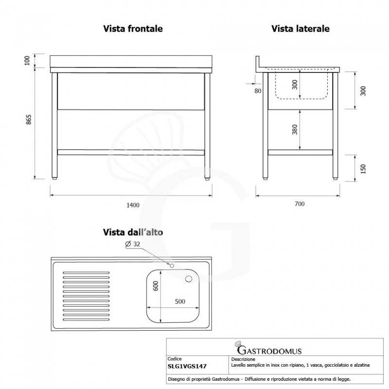 Fregadero inox con 1 cubeta y escurridor a la izquierda, estante, peto L1400mmxP700mmxA965mm- con agujero para el grifo Ø 32 mm