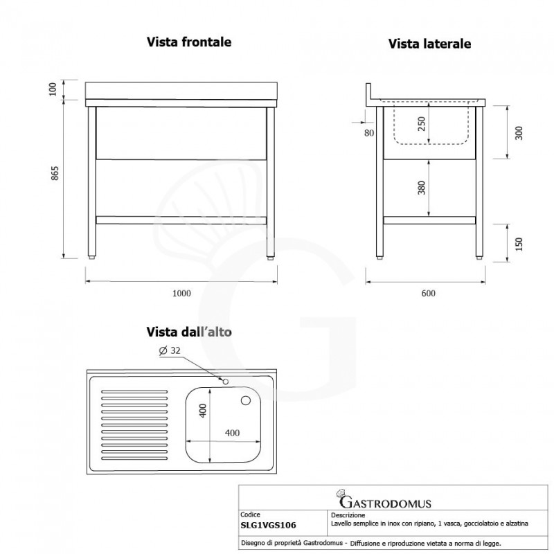 Fregadero 1 cubeta y escurridor a la izquierda, estante, peto L 1000 mm x P 600 mm x A 965 mm- con agujero para el grifo Ø 32 mm