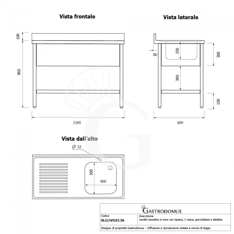 Fregadero 1 cubeta y escurridor a la izquierda, estante, peto L 1300 mm x P 600 mm x A 965 mm- con agujero para el grifo Ø 32 mm